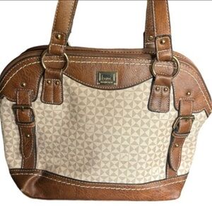 b.o.c. Tan & Brown Coated Canvas Shoulder Bag Medium Size 3 Section Handbag